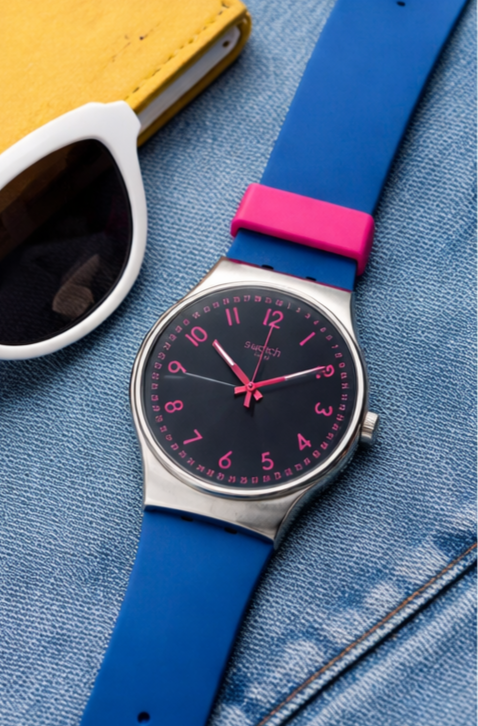 Swatch Pop Art Flash : Montre Bleu Électrique et Fuchsia
