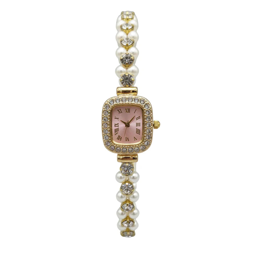 Montre Femme Élégante Rose Dorée avec Bracelet de Perles et Strass