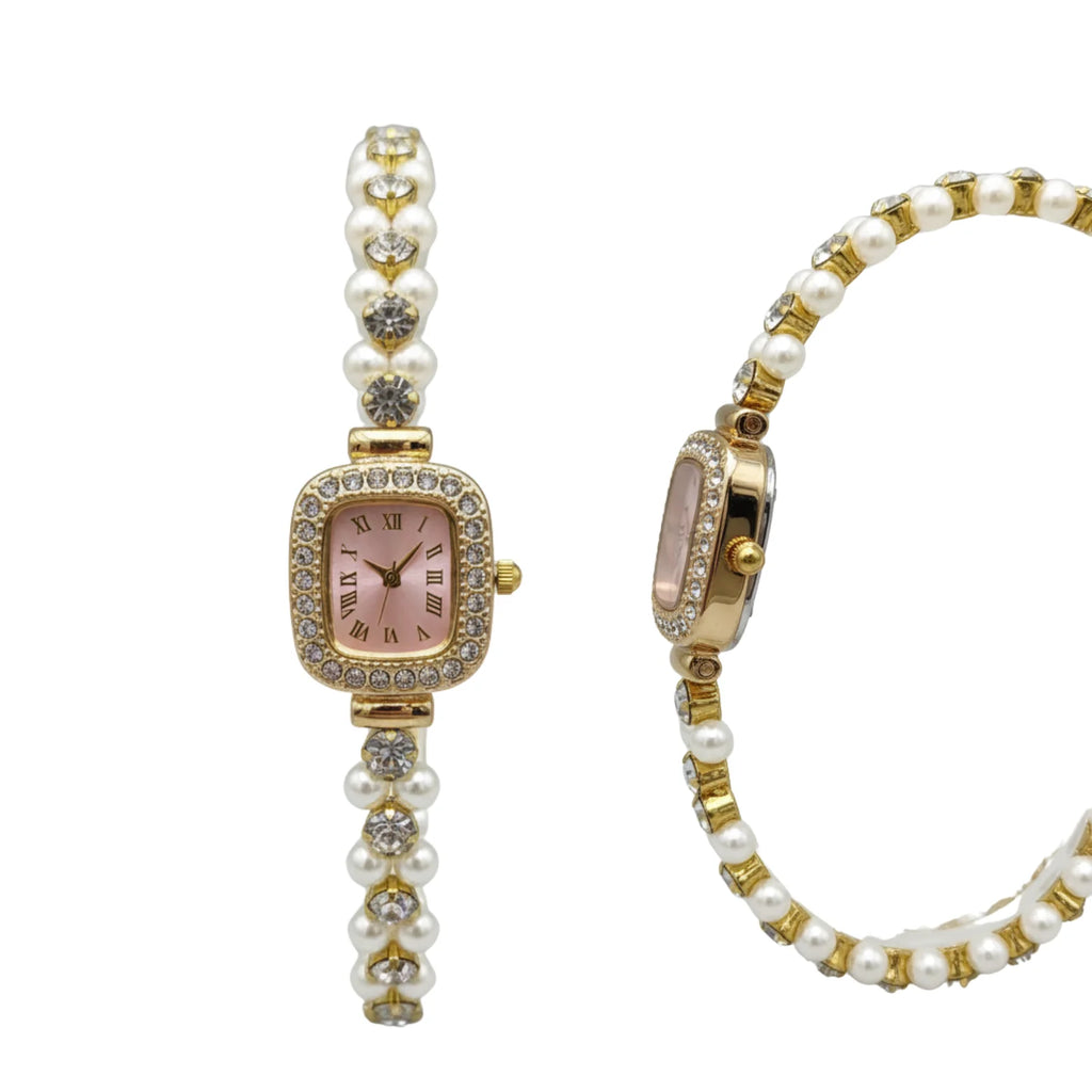 Montre Femme Élégante Rose Dorée avec Bracelet de Perles et Strass