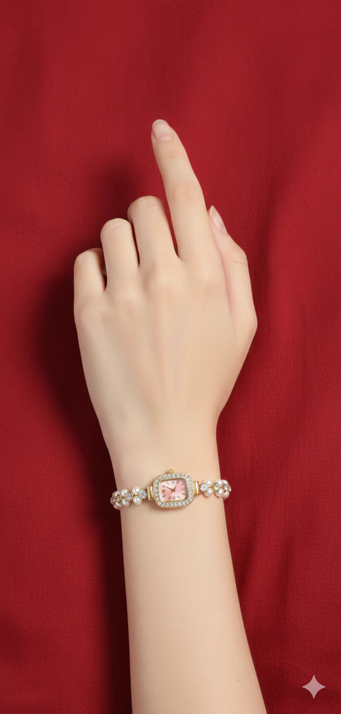 Montre Femme Élégante Rose Dorée avec Bracelet de Perles et Strass