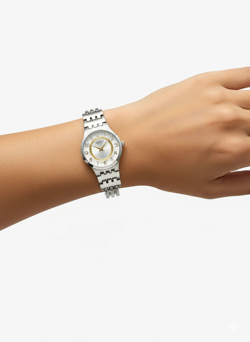 Montre Femme Swatch Argentée et Dorée avec Cristaux