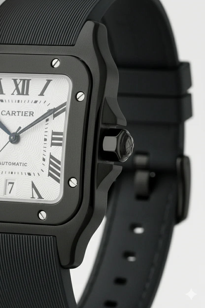 Montre Cartier Santos – Cadran Noir & Boîtier Argent | Élégance Moderne
