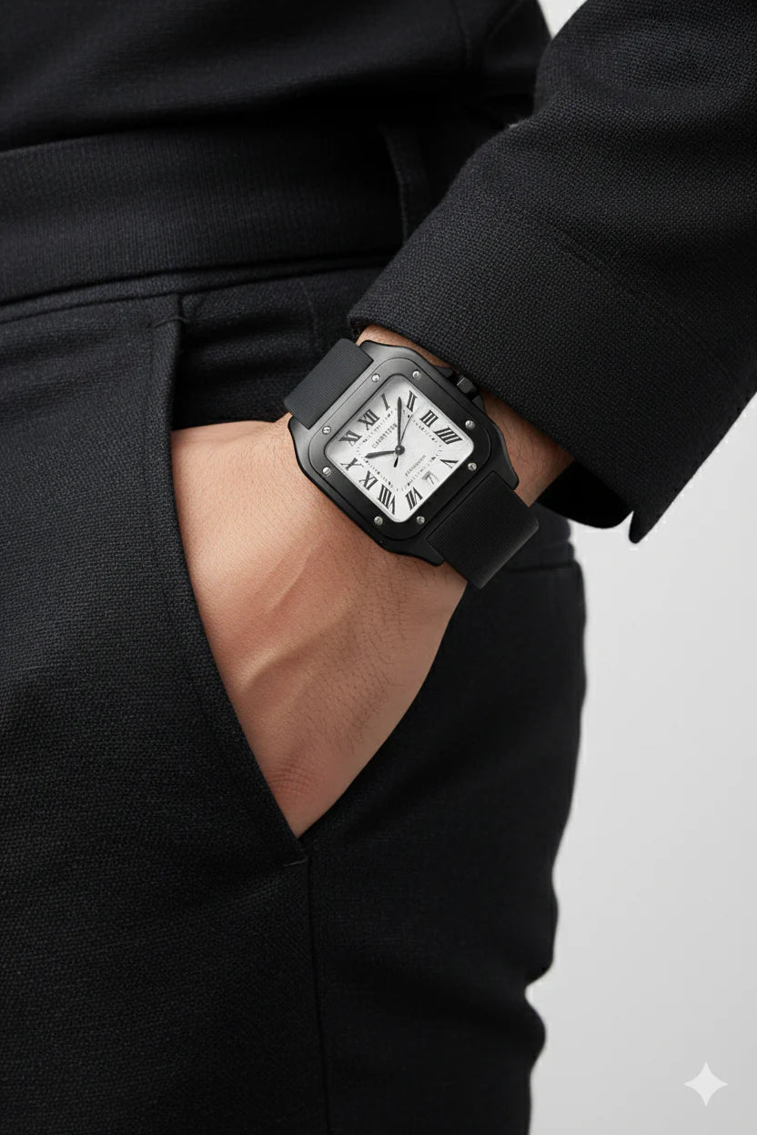 Montre Cartier Santos – Cadran Noir & Boîtier Argent | Élégance Moderne