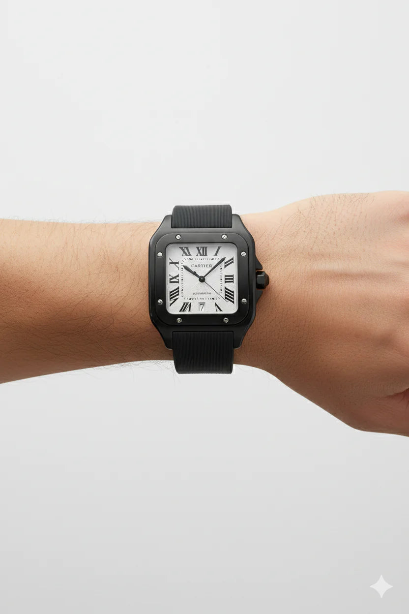 Montre Cartier Santos – Cadran Noir & Boîtier Argent | Élégance Moderne