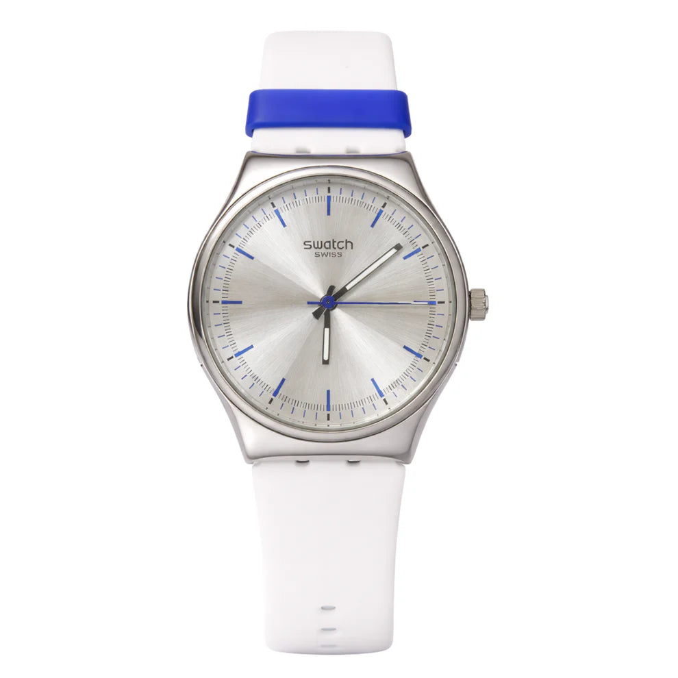 Montre Swatch Swiss Élégante – Cadran Argenté & Détails Bleus | Bracelet Blanc & Bleu