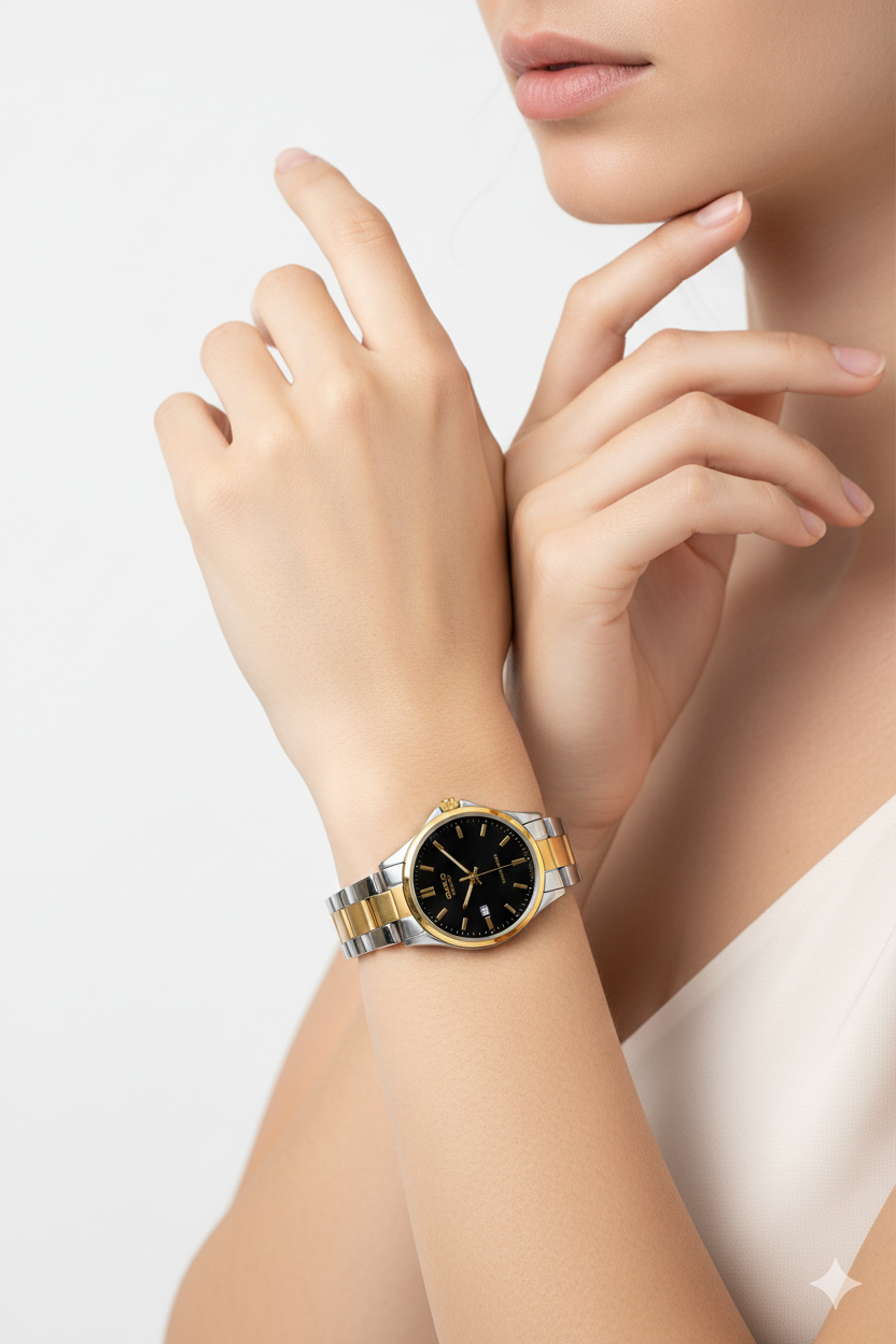 Montre Casio Femme Bicolore Cadran Noir avec Date