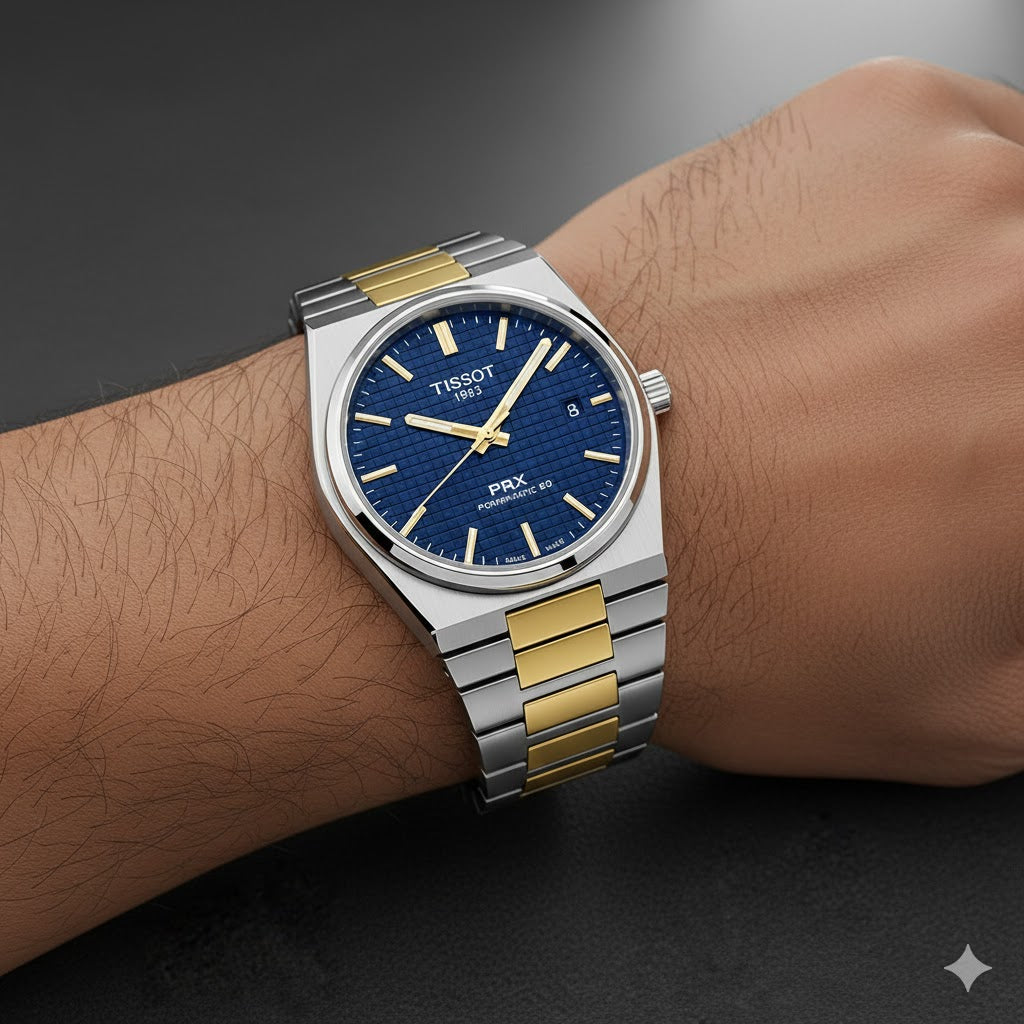 Montre Tissot PRX Cadran Bleu Bicolore Or et Argent en Acier Inoxydable