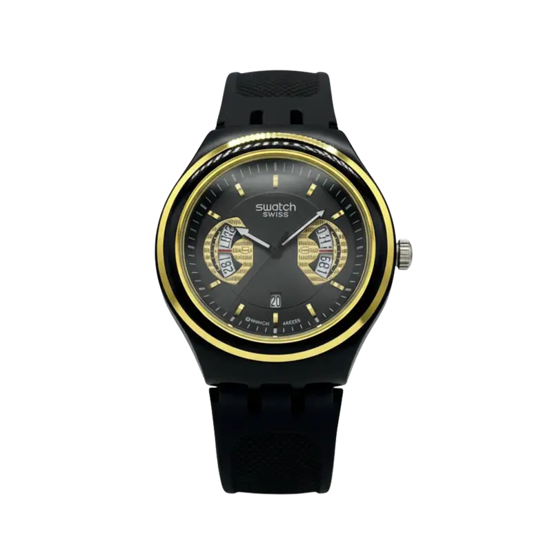 Montre Swatch Chronographe Noire et Or - Design Bicolore Élégant