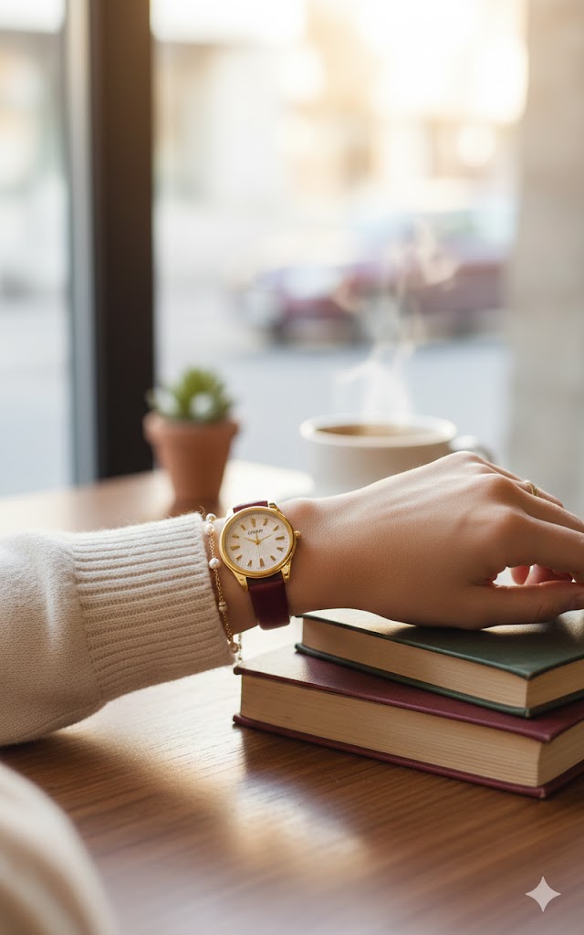 Montre Casio Classique Femme – Élégance Dorée et Bracelet Cuir Rouge Intense