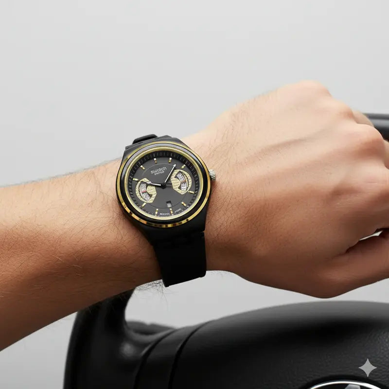 Montre Swatch Chronographe Noire et Or - Design Bicolore Élégant