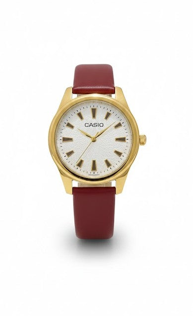 Montre Casio Classique Femme – Élégance Dorée et Bracelet Cuir Rouge Intense