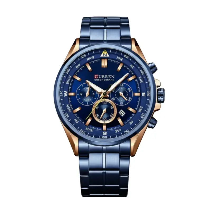 Montre Chronographe Homme Élégante Bleue et Dorée