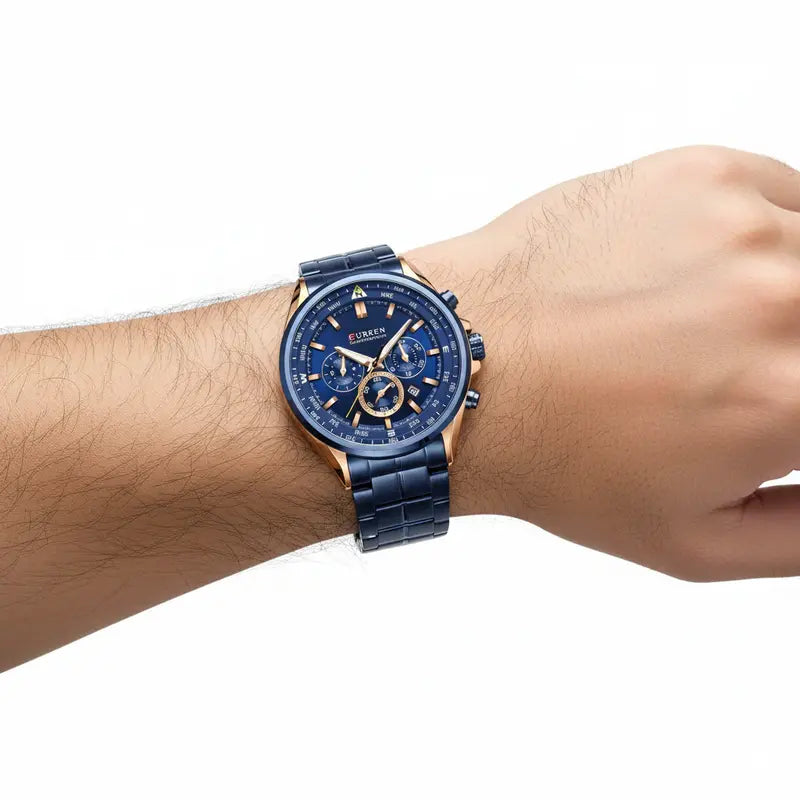 Montre Chronographe Homme Élégante Bleue et Dorée