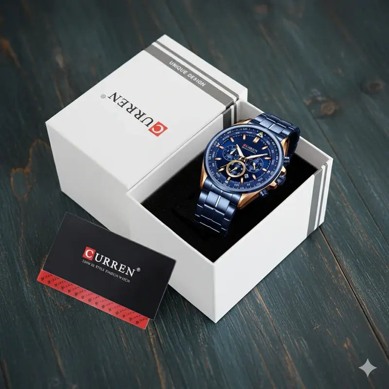 Montre Chronographe Homme Élégante Bleue et Dorée