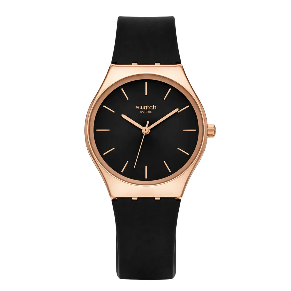 Montre Swatch Swiss Luxueuse – Cadran Noir & Boîtier Or Rose | Bracelet Silicone Noir