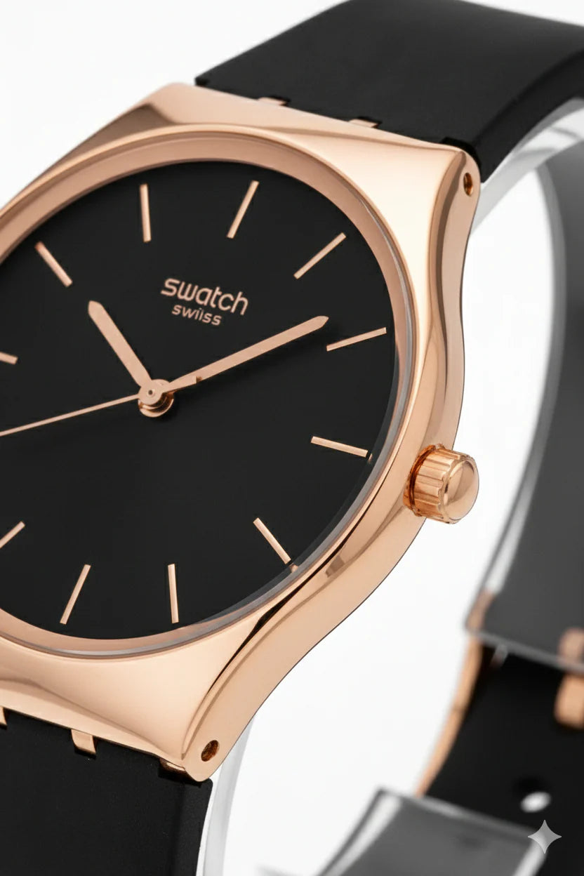 Montre Swatch Swiss Luxueuse – Cadran Noir & Boîtier Or Rose | Bracelet Silicone Noir