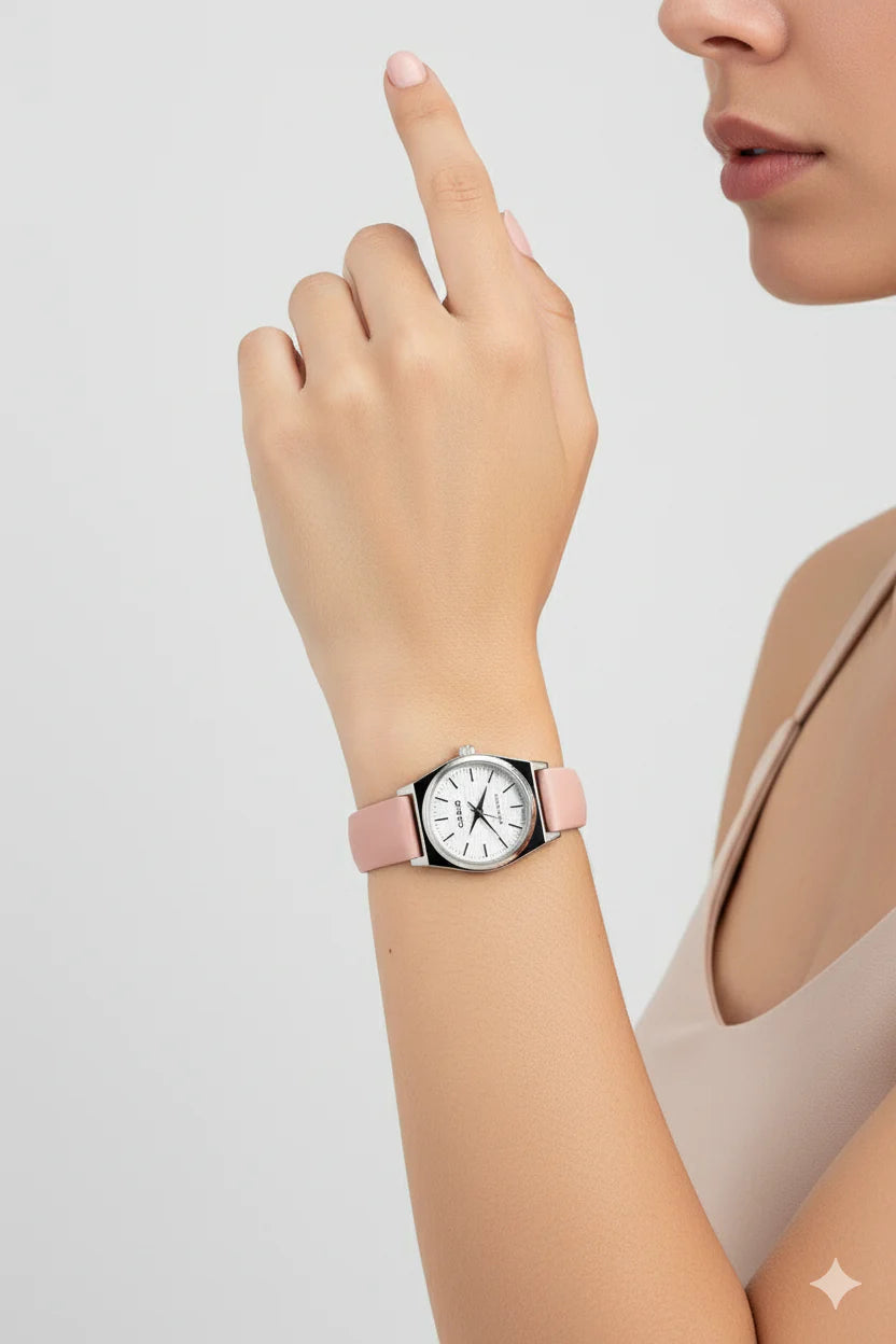 Casio Rose Élégance – Montre Femme Cuir Rose Poudré