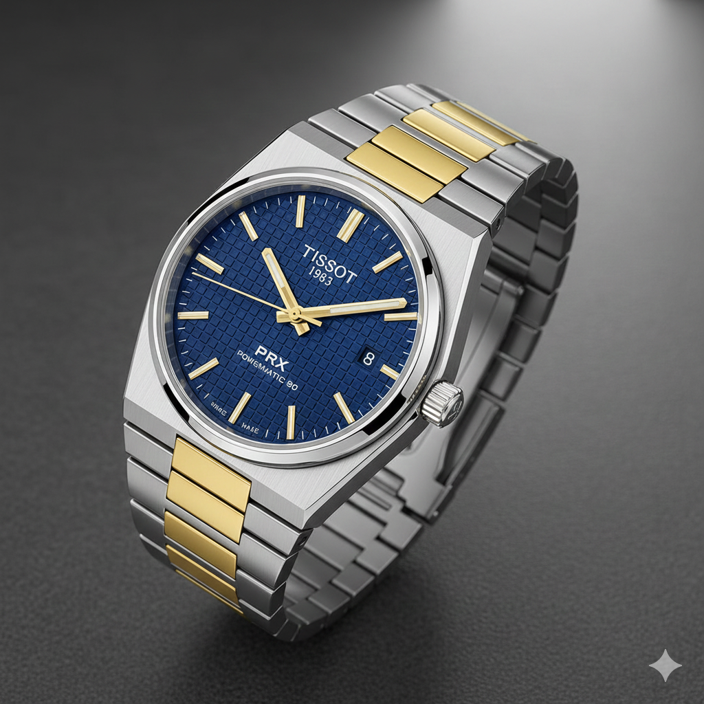 Montre Tissot PRX Cadran Bleu Bicolore Or et Argent en Acier Inoxydable