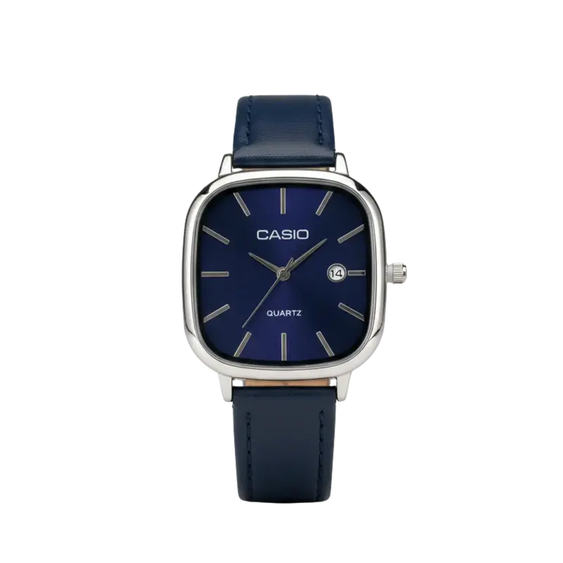 Montre Casio Élégante Quartz - Cadran Bleu Marine & Bracelet Cuir Bleu